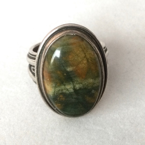 Vintage Jasper Cabochon & Silver Ring Stamped Sterling Circle M - Louis J. Meyer - Picture 7 of 9